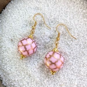 Handmade Light Pink and Gold Geometric Print Bead Elise Earrings